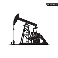 Powerful oil pump jack silhouette vector icon representing fossil fuel extraction and energy industry development on white background