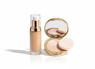 Glamourous fashion pink make-up brushes and cosmetic powder on white, isolated glass container with lipstick