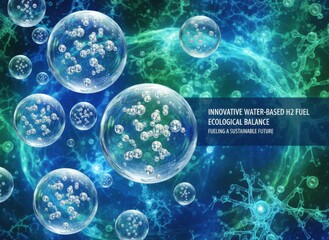 Abstract blue background with bright 3D reflection of science sphere and energy plasma bubbles