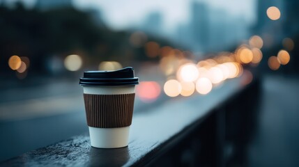 Disposable coffee cup on polished bench rail, bokeh city lights glowing behind. Shadows fall naturally beneath subject. Crisp textures