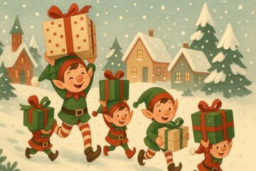 Fototapeta premium Cheerful elves carrying festive gifts.