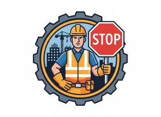 Retro cartoon vector illustration of business man worker holding a mechanical gear and blank sign