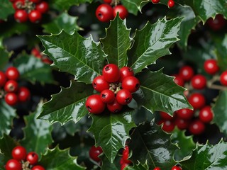 Vibrant Holly Leaves with Red Berries Cluster.  generative ai