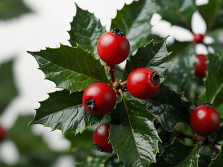 Vibrant Holly Leaves with Red Berries Cluster.  generative ai
