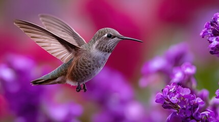 Naklejka premium A humming bird flying over a purple flower