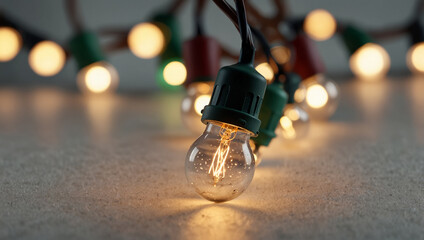 Close-up of Warm White Christmas String Lights.  Generative Ai