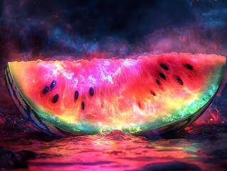 Iridescent Watermelon Slice Floating Against a Cosmic Background, Glowing