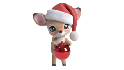 Cute baby reindeer wearing santa hat holding christmas ornament isolated on transparent background