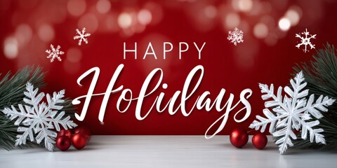 Happy Holidays greeting with snowflakes and christmas ornaments on red background