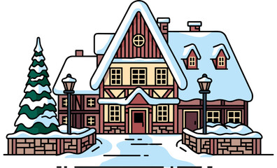 Fototapeta premium Snowy winter house with a Christmas tree and lanterns in front, surrounded by snow on a transparent background, ideal for holiday and winter-themed designs and illustrations.