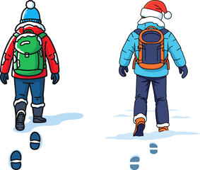 Two winter adventurers walking in snow with backpacks, one wearing a red jacket and a blue hat, the other in a light blue jacket and Santa hat, isolated on a transparent background.