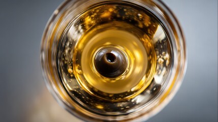 Macro top-down capture of crystal martini, olive centered sharply inside translucent liquid. Rim gleams under light, reflections subtle. Background