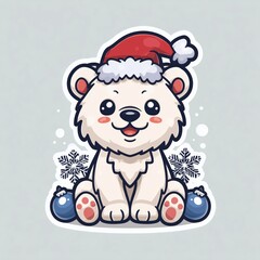 Adorable cartoon polar bear wearing Santa hat surrounded by baubles and snowflakes, vector art