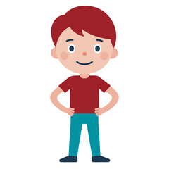 Cute cartoon illustration of a young boy smiling happily with hands placed on his hips