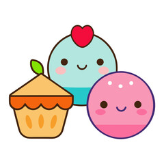A colorful illustration featuring three adorable cartoon characters, including a cupcake and two round friends