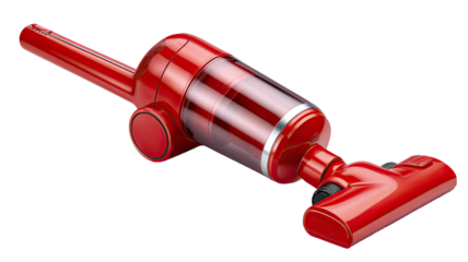 red handheld vacuum cleaner with modern plastic body and detachable cleaning nozzle shown in detailed close up on white background