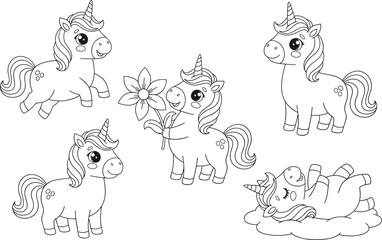 Set of Six Whimsical Cartoon Unicorns in Floral Scenery Outline, Cute Magical Horse Character Collection Vector Clipart for Kids Coloring Book and Apparel.