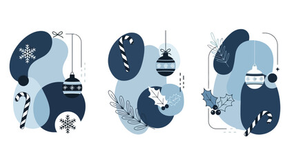 Abstract Blue Christmas and Winter Holiday Decorations, Vector Graphic Set