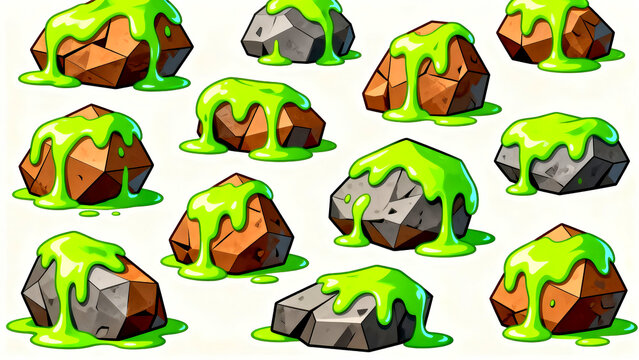 Game asset slime covered rocks toxic mineral icons fantasy environment objects glowing green ooze collectible items dungeon treasure loot drops fantasy game art stylized stone collection