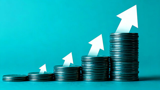 Financial growth concept showing increasing stacks of silver coins with bright white upward pointing arrows symbolizing profit investment success savings wealth accumulation and positive economic tren