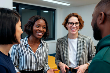 Group of young adult multiethnic colleagues standing together smiling and talking in modern office setting, two women facing camera while engaging in friendly conversation with coworkers