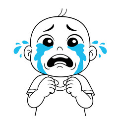 Animated young child with large eyes crying tears of sadness and distress holding hands together in distress and fear illustration