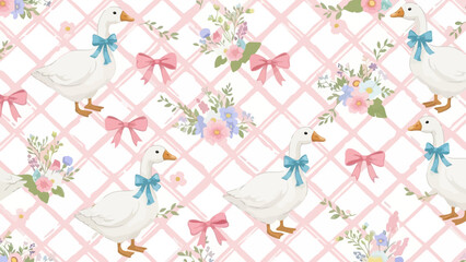 Cute Goose and Floral Pattern with Pink Grid Background - Adorable Design