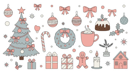 Cute Christmas Doodle Set with Ornaments, Tree, Gifts, and Festive Elements