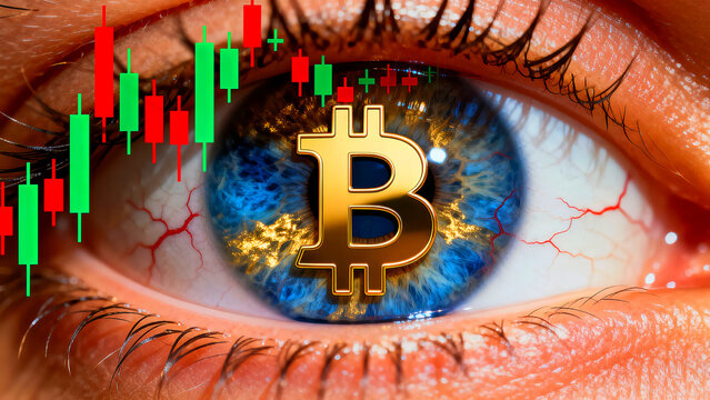 Bitcoin focus eye watching cryptocurrency market trends with red and green trading candlesticks representing digital finance investment volatility and blockchain technology observation - Powered by Adobe