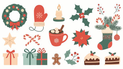 Festive Christmas Icons Collection: Wreath, Stocking, Gifts, Candle, and Sweets