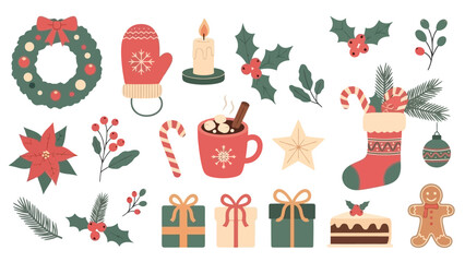 Christmas Holiday Elements Collection: Wreath, Mitten, Candle, Presents, Stocking, Gingerbread Man