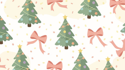 Festive Christmas Tree and Pink Bow Seamless Vector Pattern with Confetti