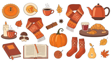 Cozy Autumn Vibes: Pumpkin Pie, Warm Drinks, Scarves, and Books Vector Art