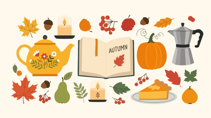 Autumnal Still Life Vector Illustration with Pumpkins, Pie, Teapot, and Leaves