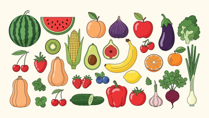 Colorful Assortment of Fresh Fruits and Vegetables, Vector Illustration
