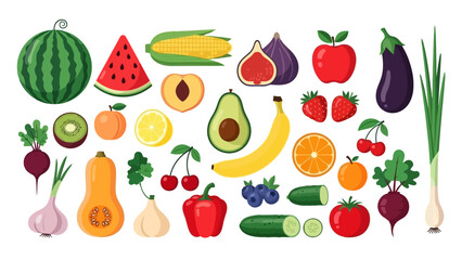 Vibrant Assortment of Fresh Fruits and Vegetables, Isolated on White Background