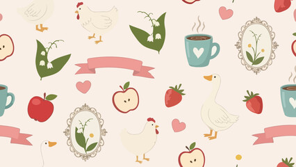 Charming Countryside Pattern: Hens, Geese, Apples, Strawberries & Flowers