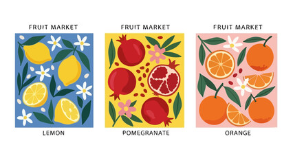 Naklejka premium Set of colorful fruit market vector illustrations with lemons, pomegranates, and oranges