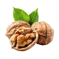 Fresh walnuts whole and cracked with green leaves isolated on transparent background. Natural nut food rich in omega fats, healthy snack concept, organic nutrition ingredient.