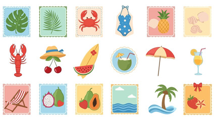 Vector Stamp Collection Featuring Summer Vacation Symbols and Tropical Elements