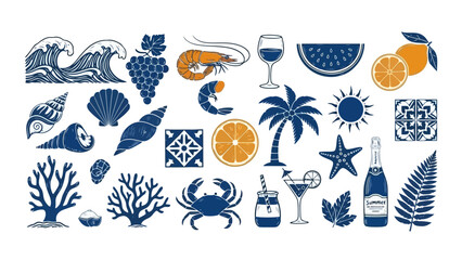 Summer Holiday Beach Vector Icons: Seafood, Drinks, Fruit, Nature and Travel Elements