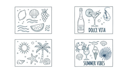 Set of Summer Holiday Icons: Food, Drinks, and Beach Elements in Art Style
