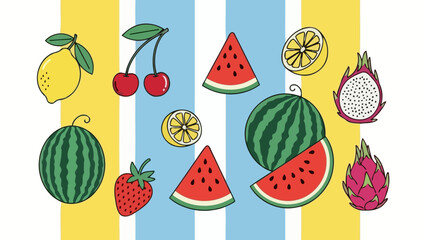 Vibrant Summer Fruits Assortment on Colorful Striped Background - Vector Art