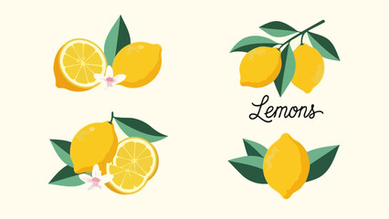 Vibrant Lemon Illustrations with Leaves and Flowers on Light Background