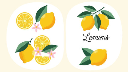 Vibrant Lemon Illustrations with Leaves and Flowers, Fresh Citrus Fruit Art