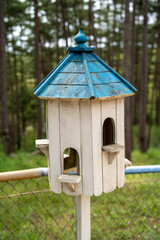 Wooden birdhouse with a blue roof in a serene forest setting.