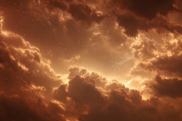 Obraz premium Vivid amber thunderstorms create a dramatic sky at sunset