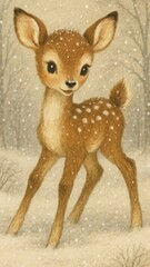 Fototapeta premium Adorable fawn in snowy forest mobile wallpaper