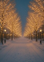 Naklejka premium Snowy path with glowing trees.