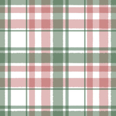 Obraz premium Checkered seamless pattern with vertical and horizontal green, red and white stripes. Hand drawn watercolor illustration of Christmas plaid background. Abstract template for textile, fabric, clothes.